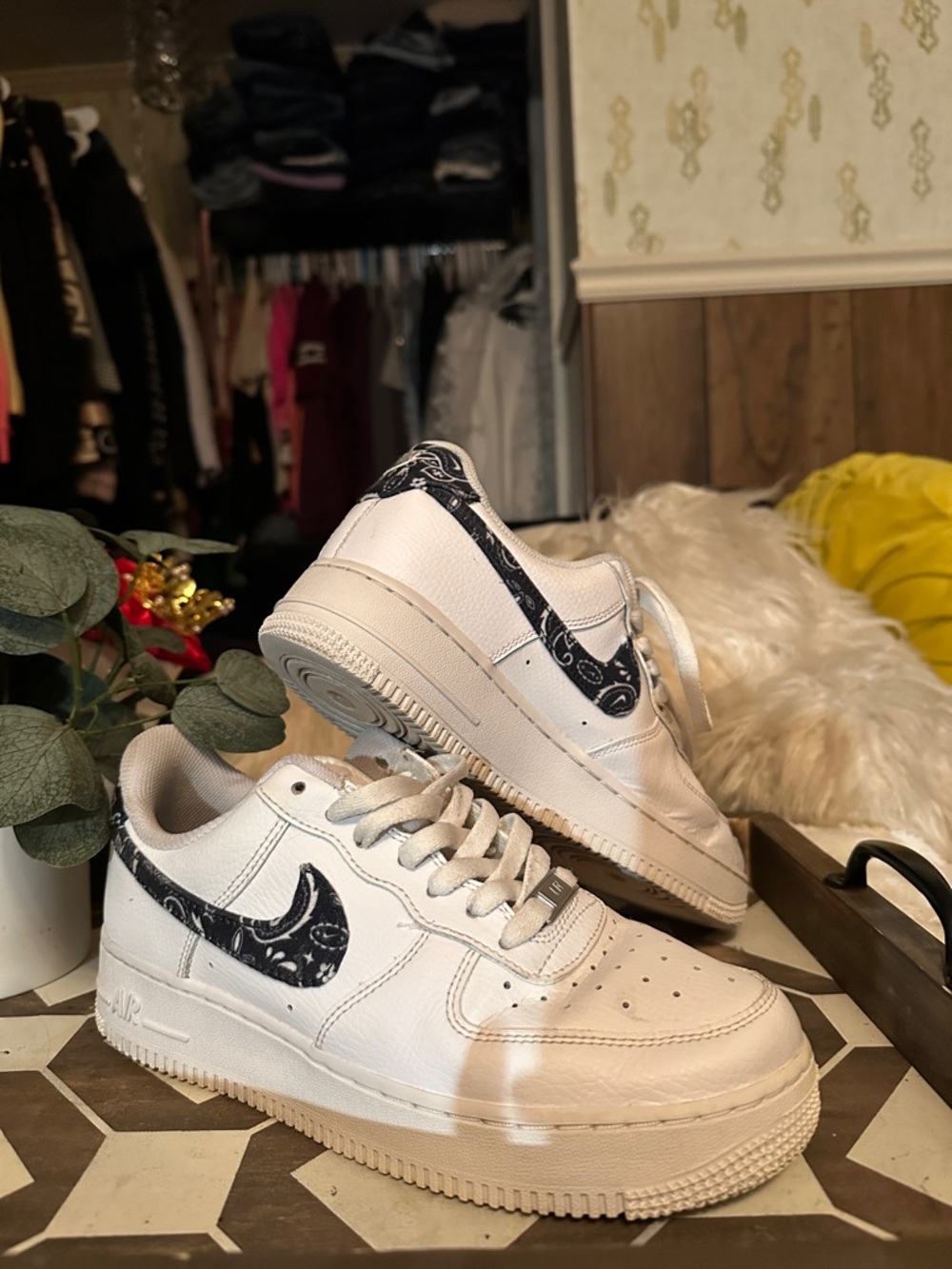 Nike White Sneakers with Black Paisley Swoosh